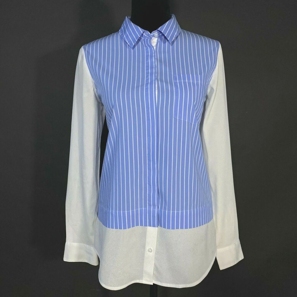 Calvin Klein MED Shirt White Blue Stripe Chiffon Hem Long Sl Pocket Washable LN